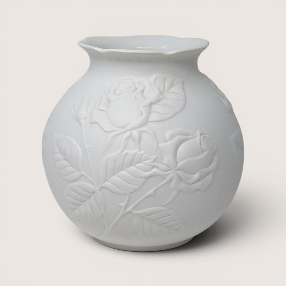 1980s Kaiser Embossed Rose Floral White Porcelain Bisque Vase